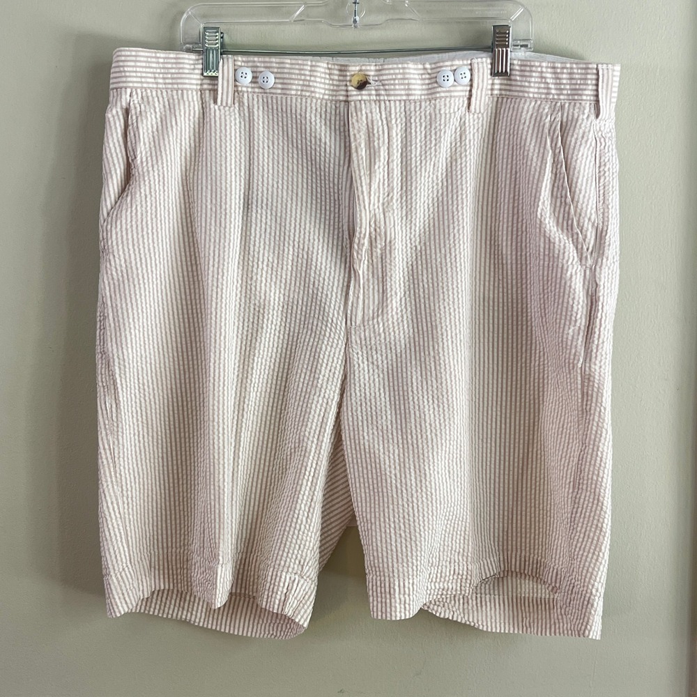 Alan Flusser Seersucker Shorts Mens 42 Striped Cotton Side Tab Tan White Preppy